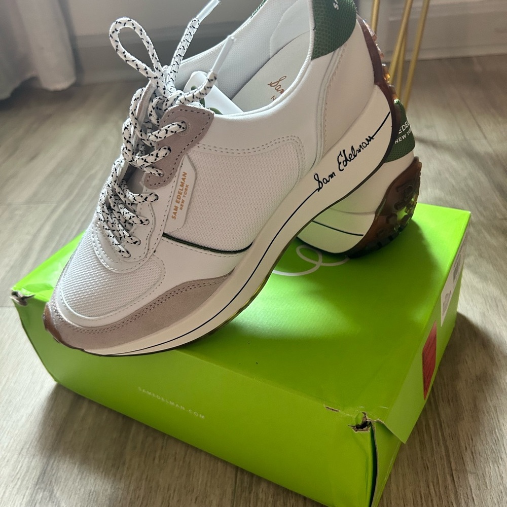 Sam Edelman Jayce White and Green Chunky Sneakers